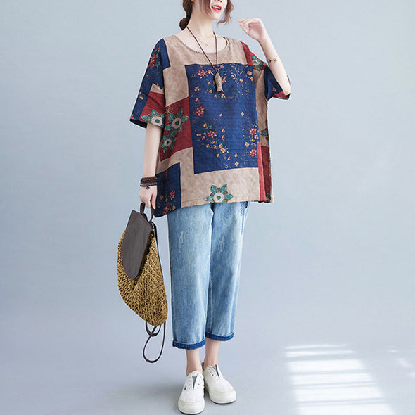 ゆったりサイズ　綿麻　切り替え　レトロ　花柄夏Tシャツ