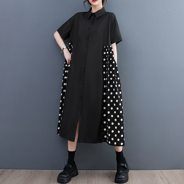 モード系　大人カジュアル　オプティカル　切替チェック柄　ロングシャツワンピース
