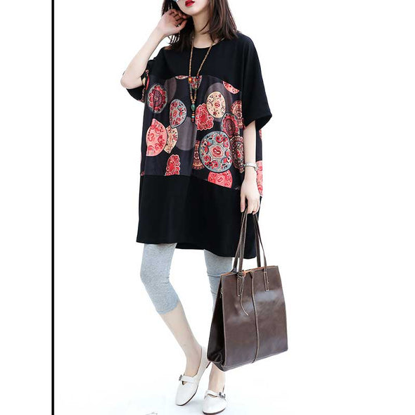 【2XL~5XL】エスニック風　揺れ感　ロングＴシャツ　プリント　チュニックワンピース