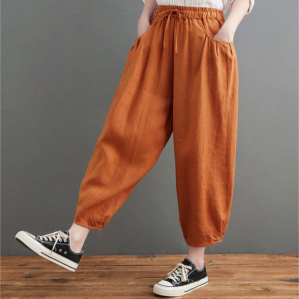 【Ⅿ~2XL】シンプル　とろみ　9分丈　綿麻　無地　ワイド風パンツ