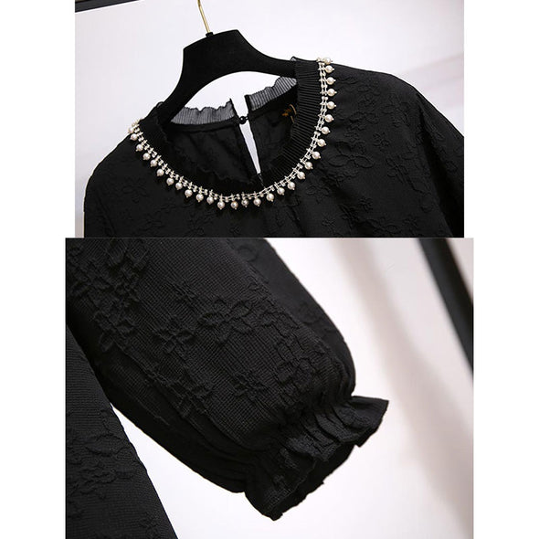 【2XL～6XL】上品　デートワンピース　大人ファッション　花柄刺繍入り　ネックビーズデザイン　着瘦せ　ロングワンピース