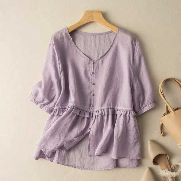 【M~2XL】レトロ　ゆったりサイズ　綿麻　薄手　夏人気トップス