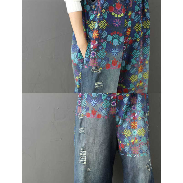 花柄　華やか　レトロ　デニムサロペット　可愛いデニムパンツ