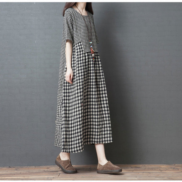 【M~2XL】大人カジュアル　切替　チェック柄　ゆったりサイズ　ロングワンピース