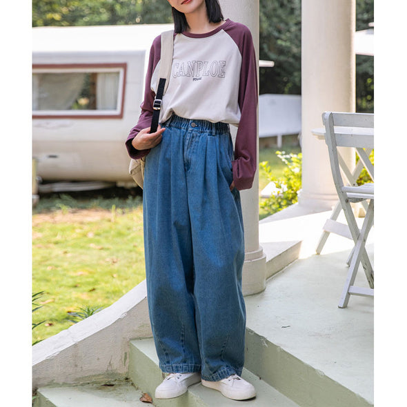 【S~L】とろみ　ゆったり　着瘦せ　シンプル　ワイド風デニムパンツ　