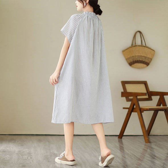 【M~2XL】人気沸騰中　ネックタック　ストライプ　カジュアル　夏シャツワンピース　