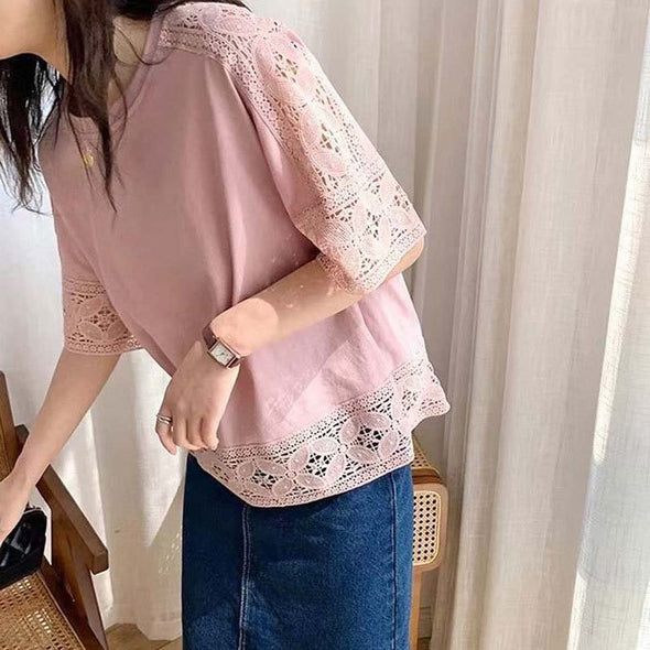 韓国ファッション　レース　ゆったり　中袖　透かし彫り　夏人気Ｔシャツ