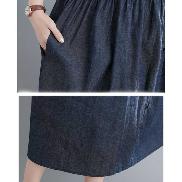 【L~XL】韓国ファッション　切り替えデニムワンピース　ロング丈　ポケット付き　夏ワンピース