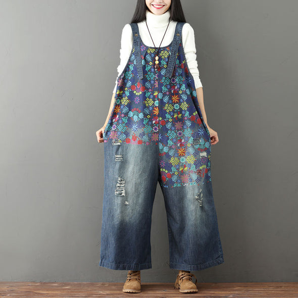 花柄　華やか　レトロ　デニムサロペット　可愛いデニムパンツ