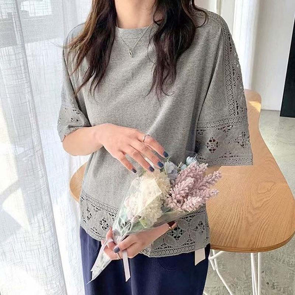 韓国ファッション　レース　ゆったり　中袖　透かし彫り　夏人気Ｔシャツ