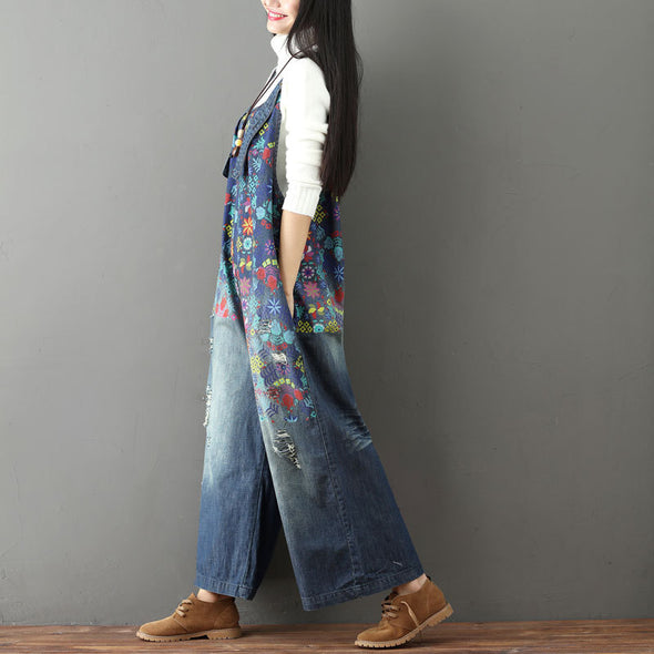 花柄　華やか　レトロ　デニムサロペット　可愛いデニムパンツ