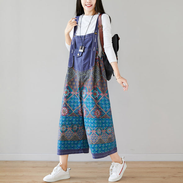 デニムサロペット　不規則柄　華やか　レトロ　夏人気パンツ