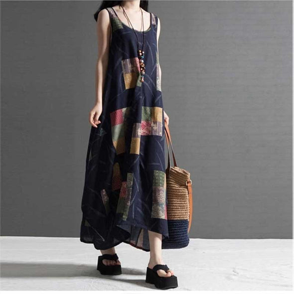 【M～2XL】エスニック風　不規則柄　ベストワンピース　ロング丈　着瘦せ　バルーンワンピース