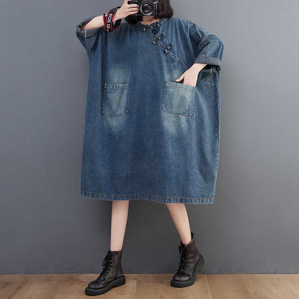 【M~2XL】デニムチュニックワンピース　春夏コーデ　おしゃれデニム　おしゃれワンピース　大きいサイズワンピース