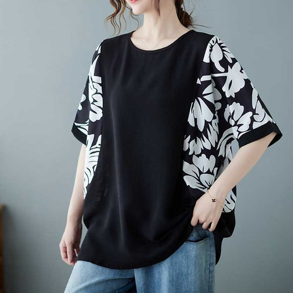 ゆるシルエット　ドルマン風　花柄　夏　楽チン　おしゃれ　ブラウス　Tシャツ