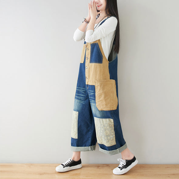 デニムサロペット　花柄　切り替え　レトロ　夏人気パンツ