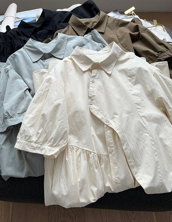 シンプルカジュアル　不規則デザイン　中袖　ロングシャツワンピース