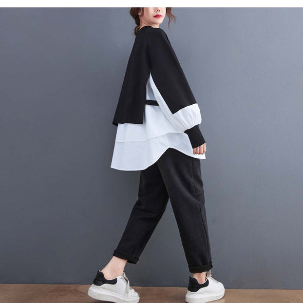 【L.XL】韓国ファッション　ゆるシルエット　切替　レイヤード風シャツ風トレーナー