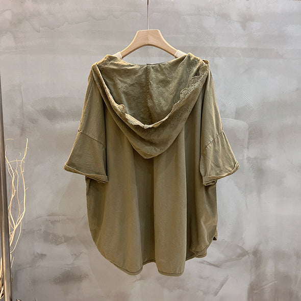 綿麻　ゆったりサイズ　カジュアル　フード付き　夏Tシャツ
