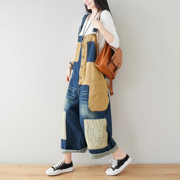 デニムサロペット　花柄　切り替え　レトロ　夏人気パンツ