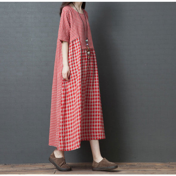 【M~2XL】大人カジュアル　切替　チェック柄　ゆったりサイズ　ロングワンピース