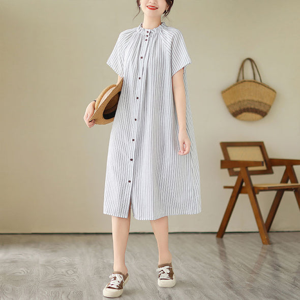 【M~2XL】人気沸騰中　ネックタック　ストライプ　カジュアル　夏シャツワンピース　