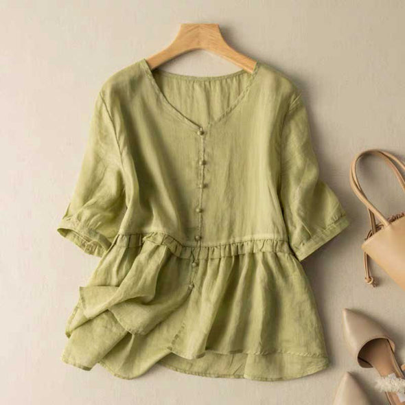 【M~2XL】レトロ　ゆったりサイズ　綿麻　薄手　夏人気トップス