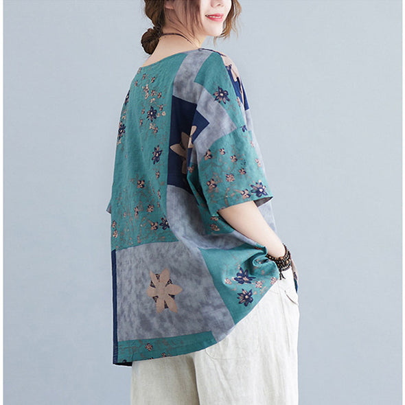 ゆったりサイズ　綿麻　切り替え　レトロ　花柄夏Tシャツ