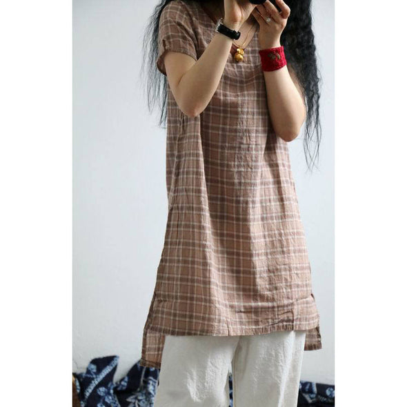 大人カジュアル　リネン　チェック柄　テールカット　チュニックワンピース