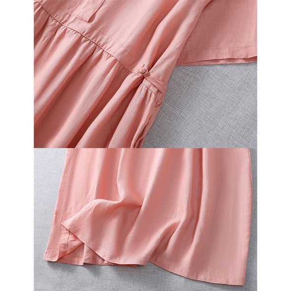 【M~2XL】大人カジュアル　切替チェック柄　シンプル無地　綿麻　夏ワンピース