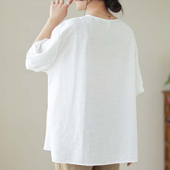 【M~3XL】花柄　スリットネック　刺繍入り　ゆるシルエット　夏ブラウス