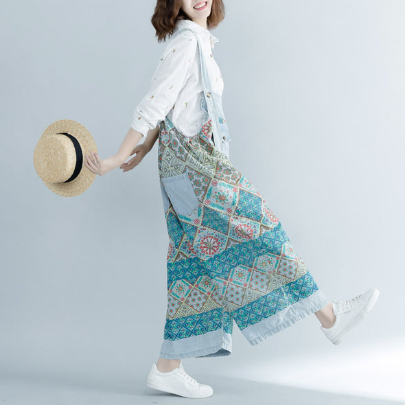 デニムサロペット　不規則柄　華やか　レトロ　夏人気パンツ