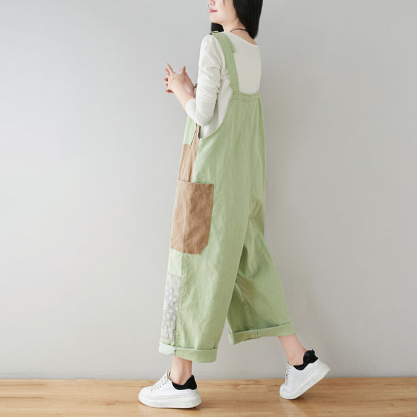 デニムサロペット　花柄　切り替え　レトロ　夏人気パンツ