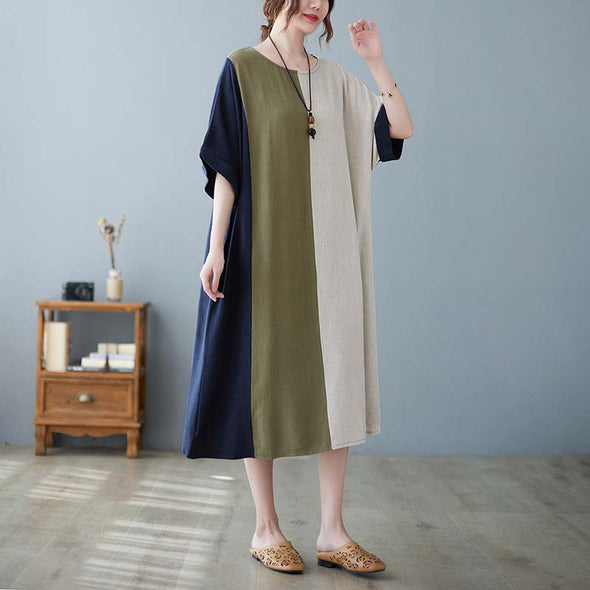 【M~2XL】大人カジュアル　綿麻　肌さわり良い　ロングワンピース