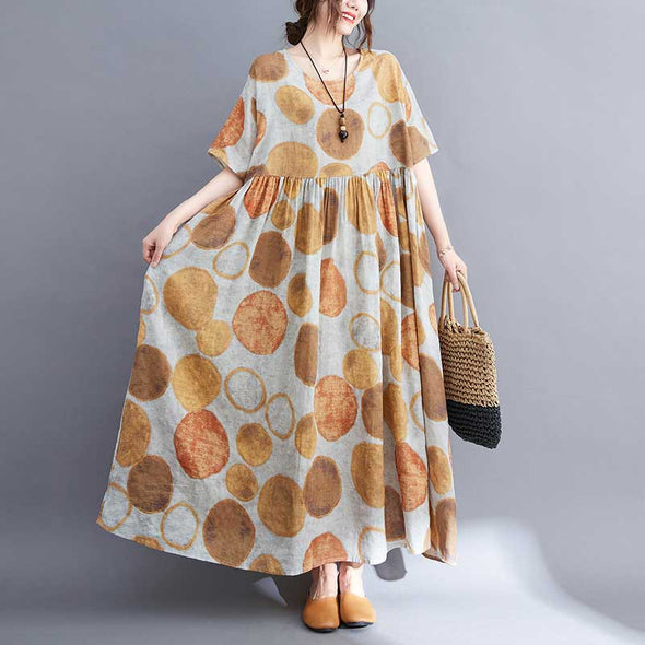 綿麻　大人ファッション　水玉柄　ロング丈　おしゃれワンピース　マキシワンピース　夏