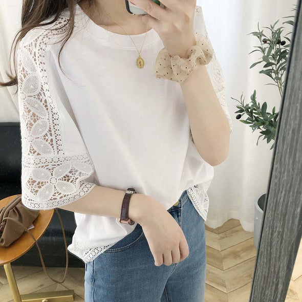 韓国ファッション　レース　ゆったり　中袖　透かし彫り　夏人気Ｔシャツ