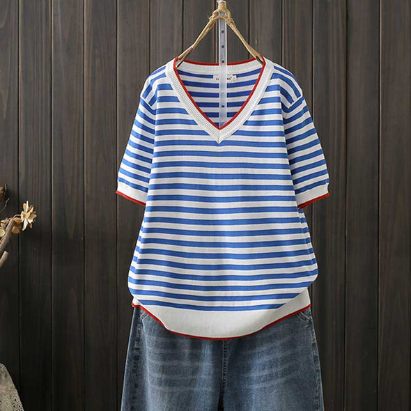 【XL~4XL】ストライプ柄　Vネック　ニットＴシャツ　レトロ　おしゃれTシャツ