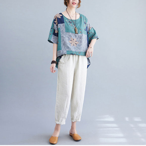 ゆったりサイズ　綿麻　切り替え　レトロ　花柄夏Tシャツ