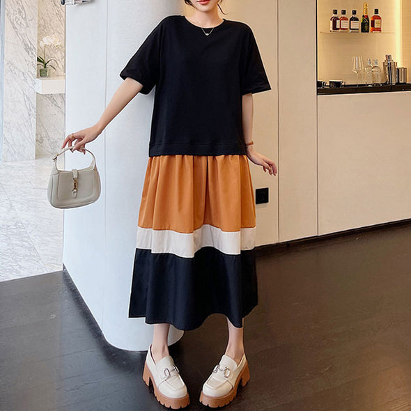 【L~3XL】大人カジュアル　半袖　切替配色　こなれ感　Aライン　夏ワンピース