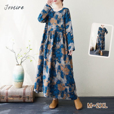 【M~2XL】エスニック風　Aライン　ロング・マキシ丈　秋冬ワンピース