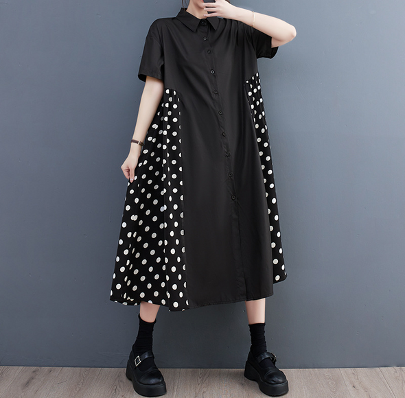 モード系　大人カジュアル　オプティカル　切替チェック柄　ロングシャツワンピース