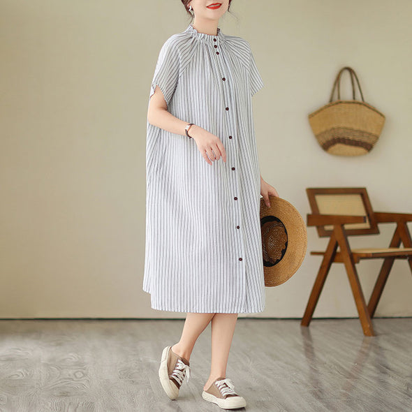 【M~2XL】人気沸騰中　ネックタック　ストライプ　カジュアル　夏シャツワンピース　