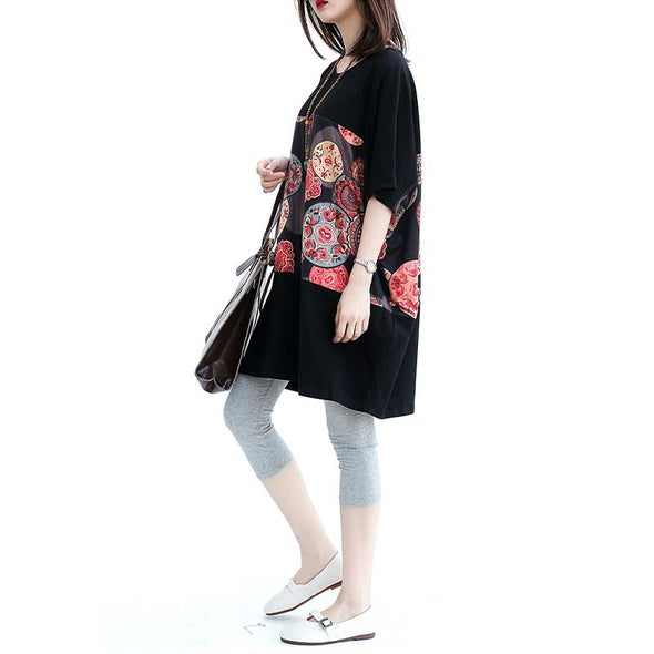 【2XL~5XL】エスニック風　揺れ感　ロングＴシャツ　プリント　チュニックワンピース