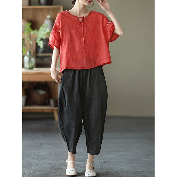 【M~2XL】シンプル　無地　カジュアル　綿麻　9分丈サルエルパンツ