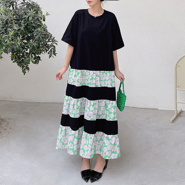 【L~3XL】韓国風　Aライン　切替　花柄　ロングワンピース