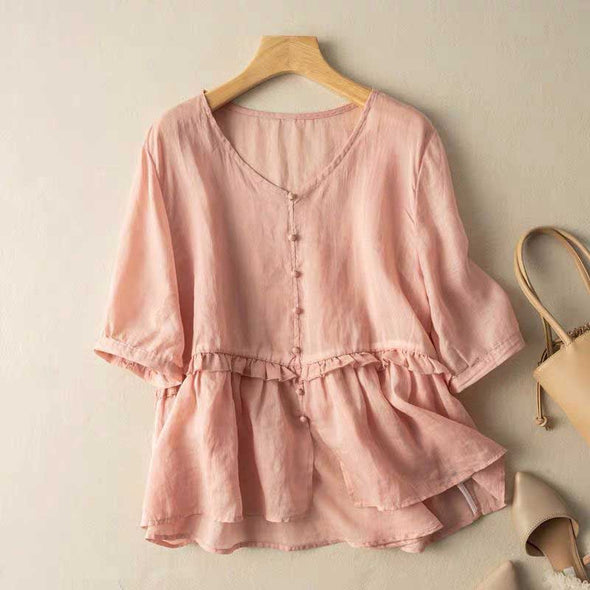 【M~2XL】レトロ　ゆったりサイズ　綿麻　薄手　夏人気トップス
