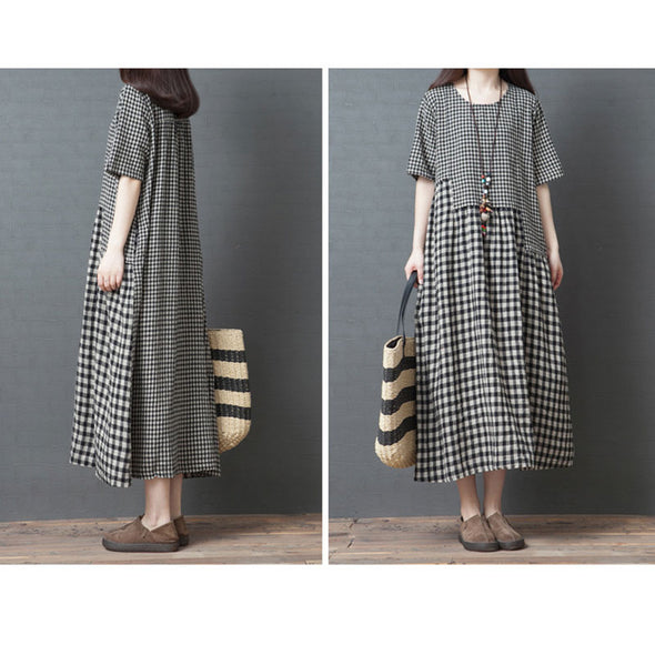 【M~2XL】大人カジュアル　切替　チェック柄　ゆったりサイズ　ロングワンピース
