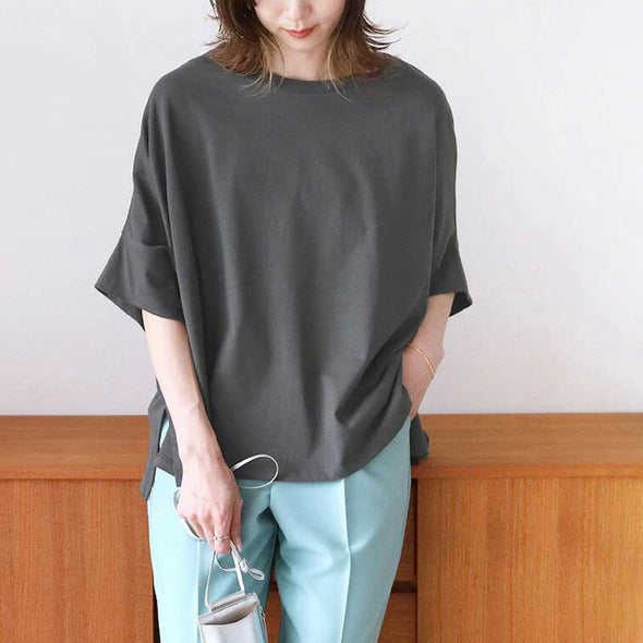 【M.L】スリット入り　ドルマンスリーブ　シンプル　無地　7分袖無地Tシャツ