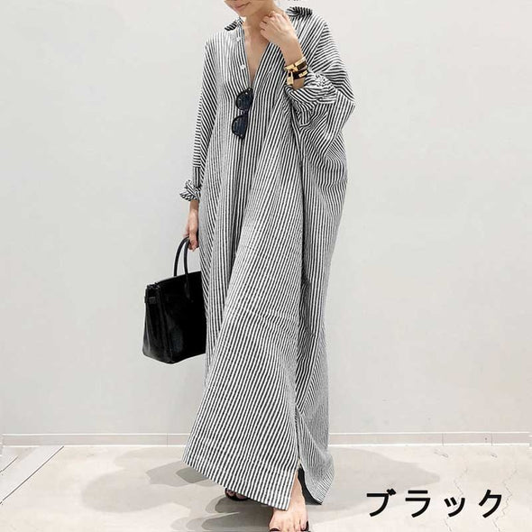 大人カジュアル　ストライプ　体型カバー　ロングマキシシャツワンピース