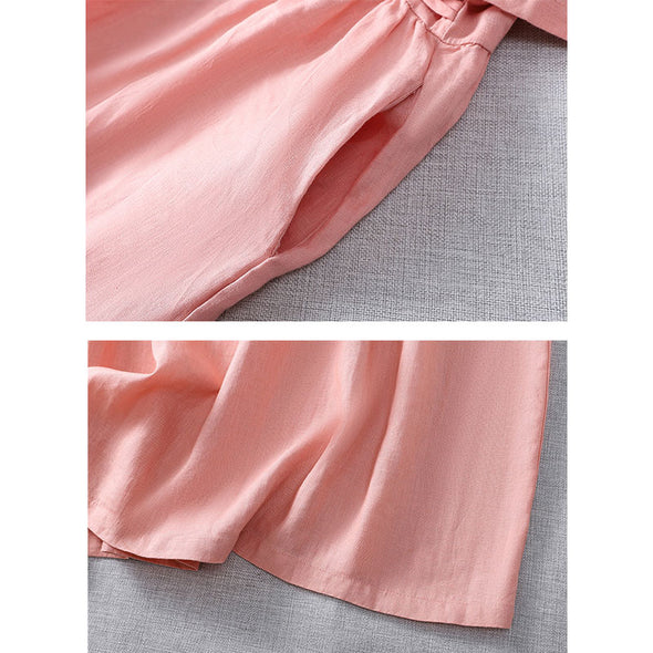 【M~2XL】大人カジュアル　切替チェック柄　シンプル無地　綿麻　夏ワンピース